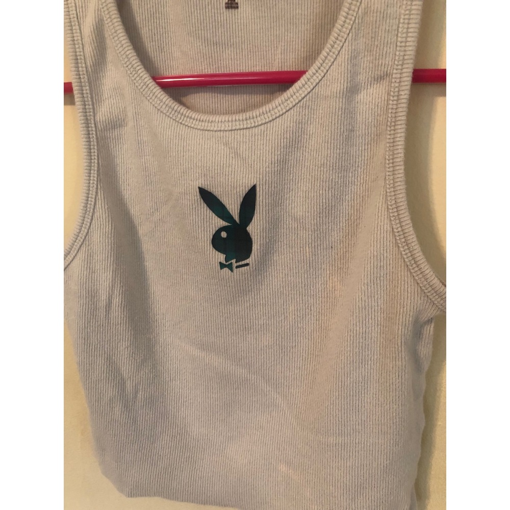 Playboy by PacSun Ribbed Tank Top Blue Plaid Bunny Logo Crop XS *flaws